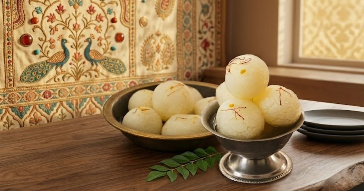 Round white Indian desserts (rasgulla) in metal bowls on a wooden table, with a patterned textile backdrop and green leaves nearby.