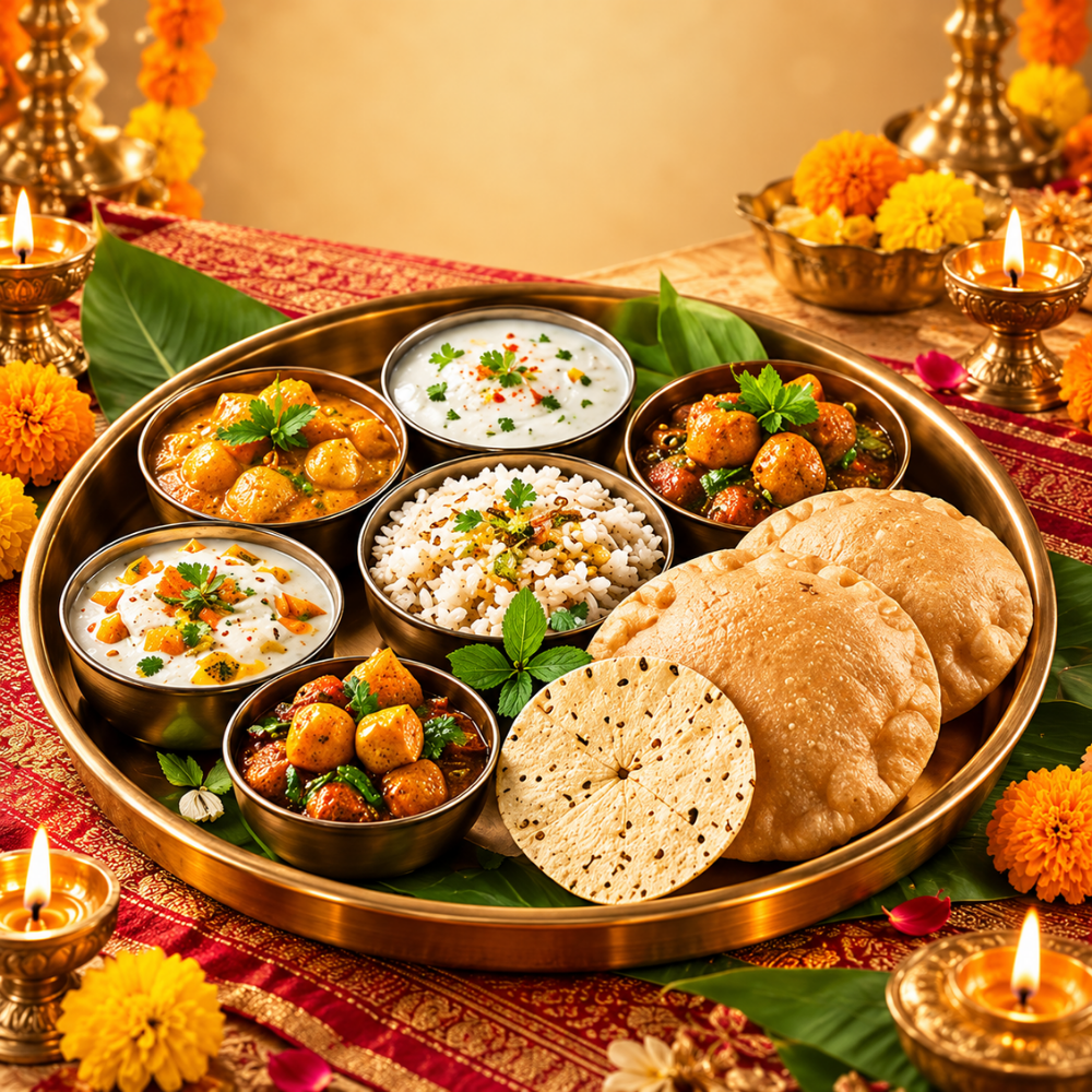 Bhola misthan - Navratra Special Falahari Thali Sattvik Meal Combo - Bhola Misthan Bhandar Brass thali with rice, curries, yogurt, papad and chapati on a festive table with marigold flowers and lit lamps