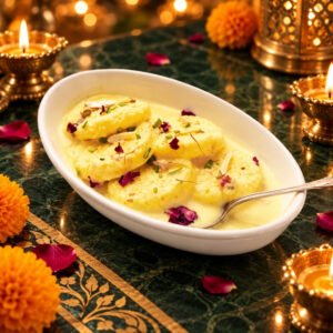 Oval dish of creamy yellow dumplings in milk sauce, garnished with pistachios and rose petals, set on a teal-gold table with candles.