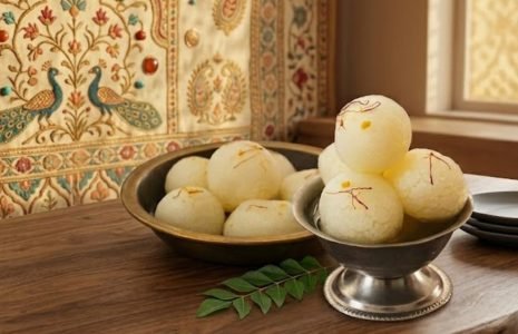 Round white Indian desserts (rasgulla) in metal bowls on a wooden table, with a patterned textile backdrop and green leaves nearby.